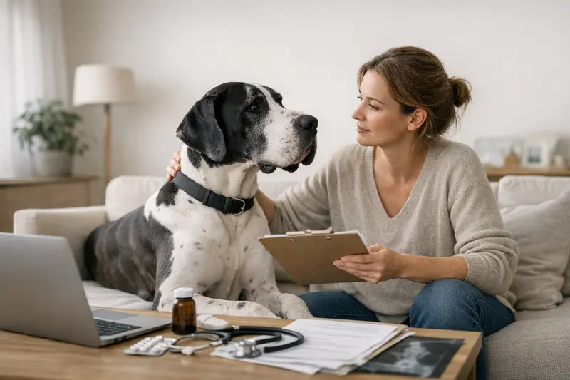 Hundehalter vergleicht Versicherungen für seine Deutsche Dogge mit Fokus auf Erstattungssatz und Selbstbeteiligung.