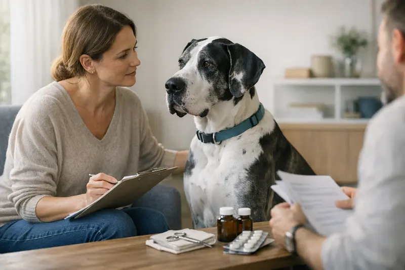 Tierarztbesuch mit einer Deutschen Dogge, um den Tarifvergleich der Hundeversicherung zu besprechen.