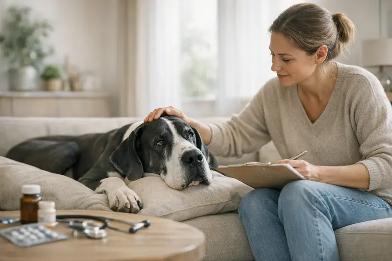 Eine glückliche Deutsche Dogge beim Tierarzt, die sich untersuchen lässt, um den passenden Versicherungstarif zu wählen.