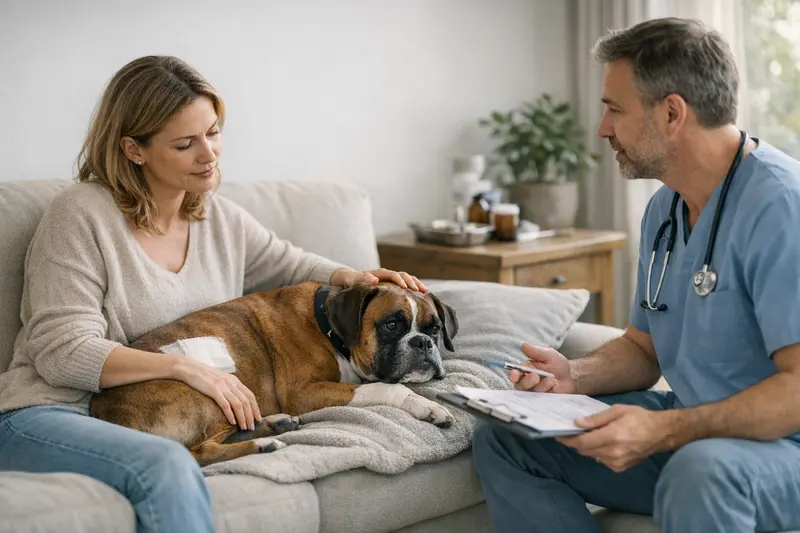 Tierärztliche Untersuchung vor der Operation Ein Hund bei einer tierärztlichen Untersuchung vor einer Operation, die auf Hundeversicherungen eingeht.