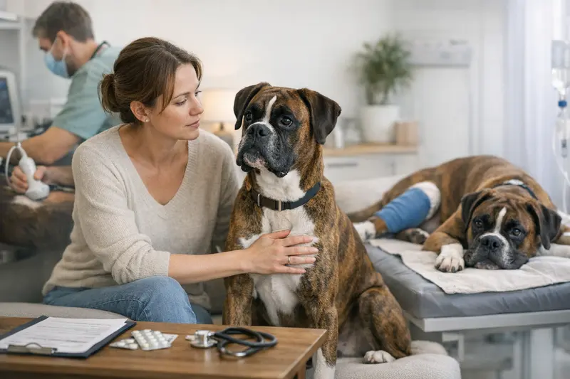 Deutscher Boxer: OP- oder Krankenversicherung? Ein Deutscher Boxer beim Tierarzt, der für eine OP-Versicherung oder Krankenversicherung evaluiert wird.