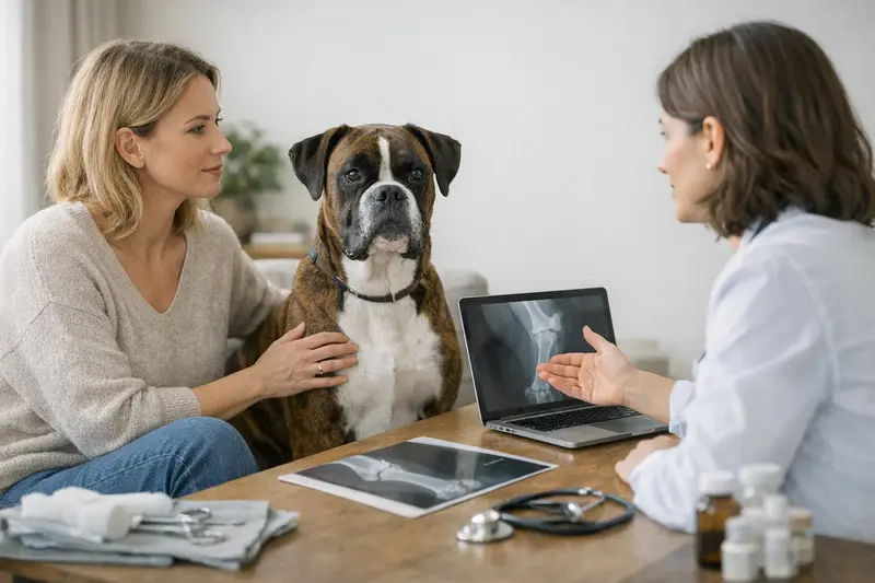 Deutscher Boxer mit einem Tierarzt während einer Untersuchung zur Gesundheitsvorsorge.