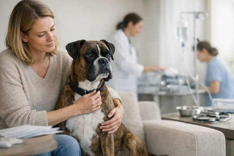 Ein Deutscher Boxer beim Tierarzt, der sich einer Untersuchung unterzieht, symbolisiert die Unterschiede zwischen OP- und Krankenversicherungen.