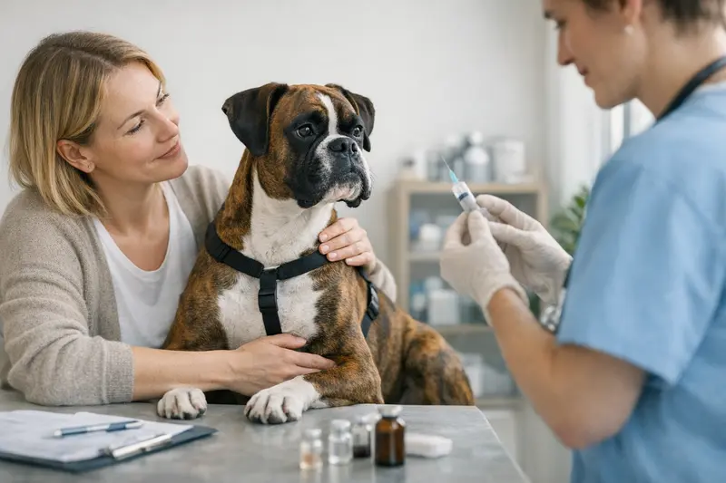 Hundeimpfung und Vorsorge Hundehalter beim Impfcheck für ihren Hund, der gesund und vital aussieht.