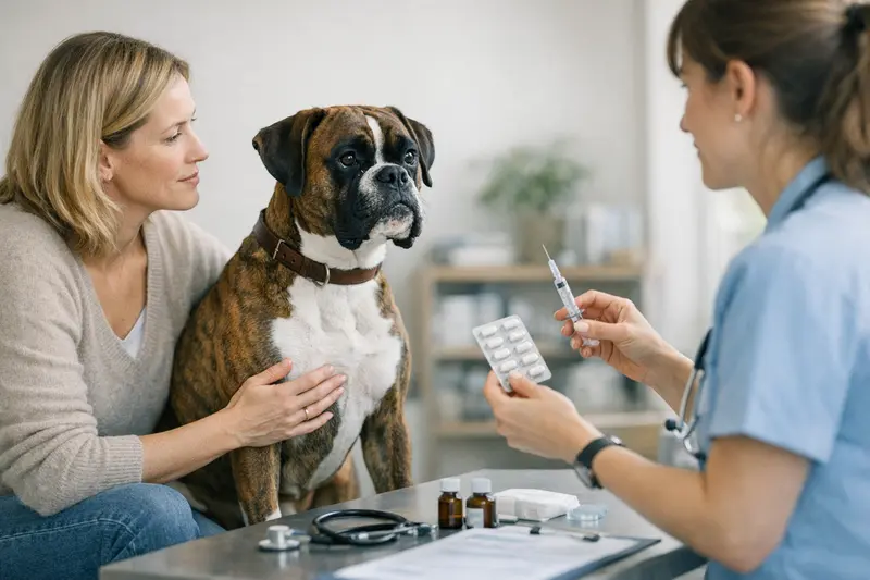 Vorsorgeuntersuchung Hund im Tierarztbesuch Ein gesunder Hund, der beim Tierarzt zur Vorsorgeuntersuchung untersucht wird, symbolisiert die Bedeutung von Impfungen und Check-ups in der Hundeversicherung.