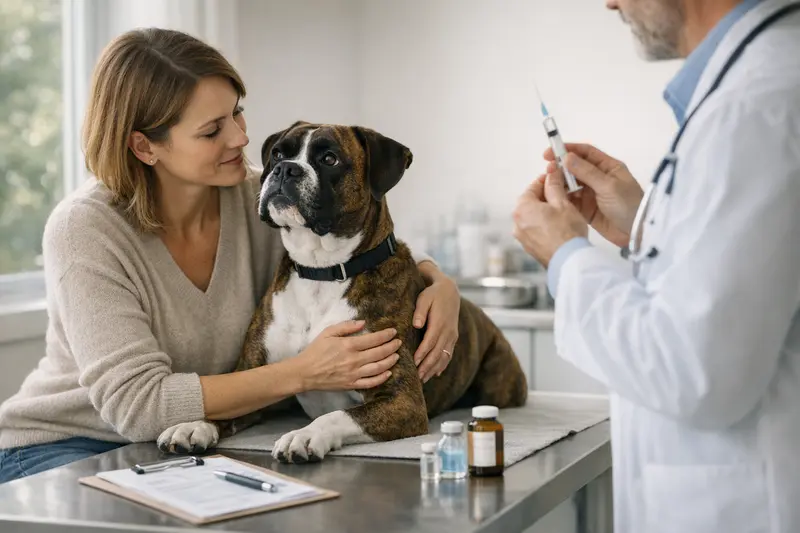 Vorsorgeuntersuchung beim Tierarzt Ein gesunder deutscher Boxer beim Tierarzt zur Vorsorgeuntersuchung.