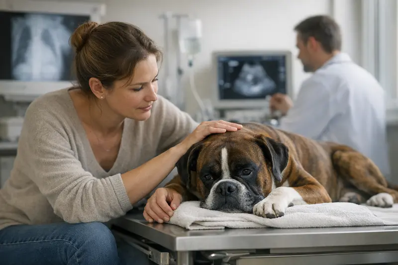 Boxer Gesundheitsrisiken beim Tierarzt Ein Boxer sitzt beim Tierarzt und wird untersucht, um gesundheitliche Risiken zu erkennen.