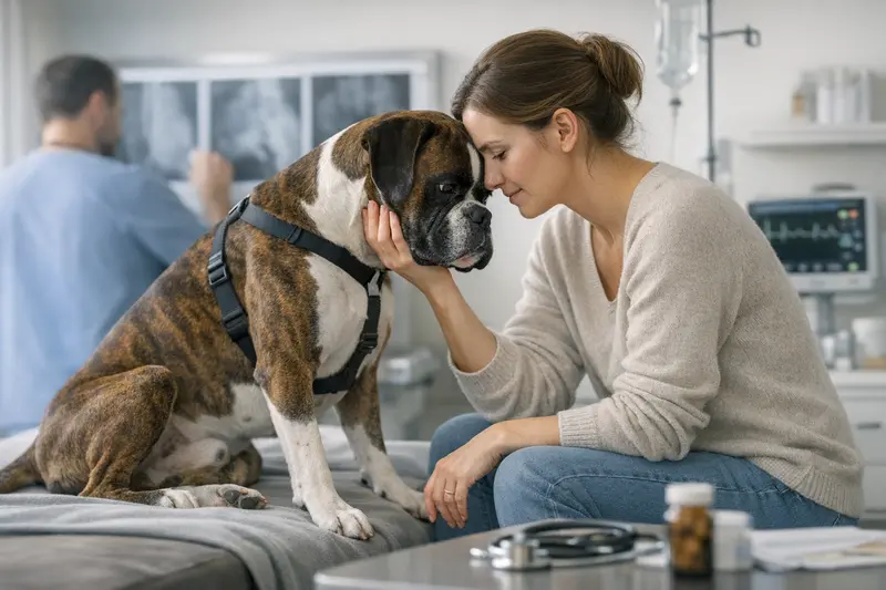 Boxer Gesundheitsrisiken Ein Boxerhund beim Tierarzt, wo über relevante Gesundheitsrisiken gesprochen wird.