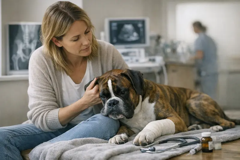 Gesundheitsrisiken beim Boxer Boxer-Hund beim Spielen, ideal zur Veranschaulichung von Gesundheitsrisiken.