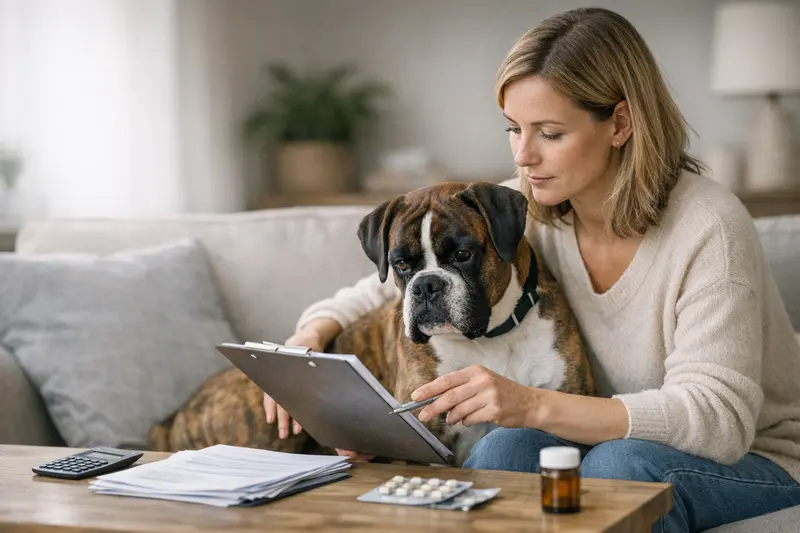 Tarifpunkte vergleichen für Hundeversicherungen Ein Hundebesitzer vergleicht Tarifpunkte für die Hundeversicherung.