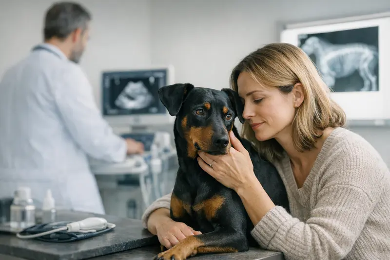 Deutscher Pinscher und Krankenversicherung Ein gesunder Deutscher Pinscher spielt im Park, symbolisiert die Wichtigkeit einer Krankenversicherung.