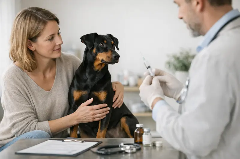 Hundeversicherung und Vorsorgeuntersuchungen Ein Hund beim Tierarzt für eine Vorsorgeuntersuchung und Impfungen, symbolisch für Hundeversicherungen.