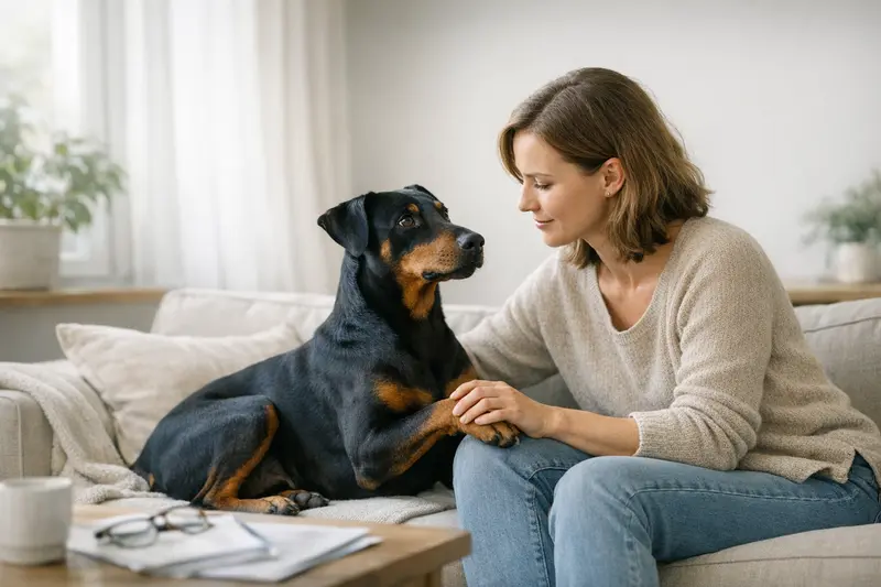 Hundeversicherung: Wartezeiten und Vorerkrankungen Eine vertrauensvolle Hundebesitzerin mit ihrem deutschen Pinscher, die über Wartezeiten und Vorerkrankungen bei Hundeversicherungen informiert ist.