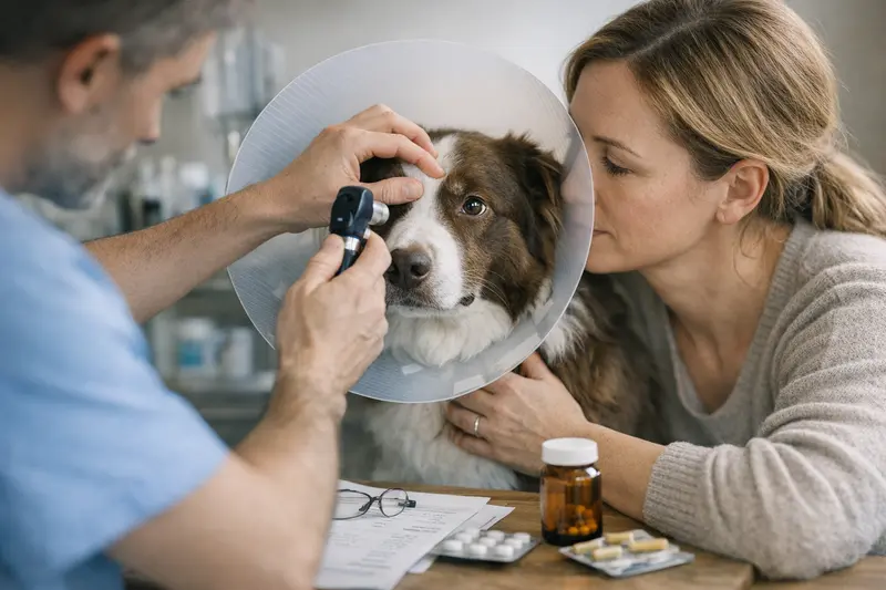 Hund bei Tierarzt Augenbehandlung Ein Hund wird beim Tierarzt für eine Augenbehandlung untersucht.