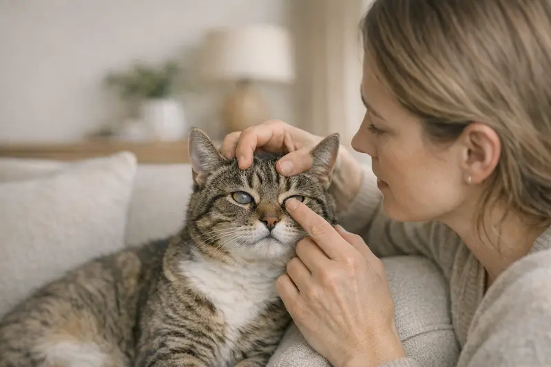 Sichtbares drittes Augenlid bei Katzen Eine Katze mit sichtbar drittem Augenlid, die auf einem Kissen entspannt liegt.