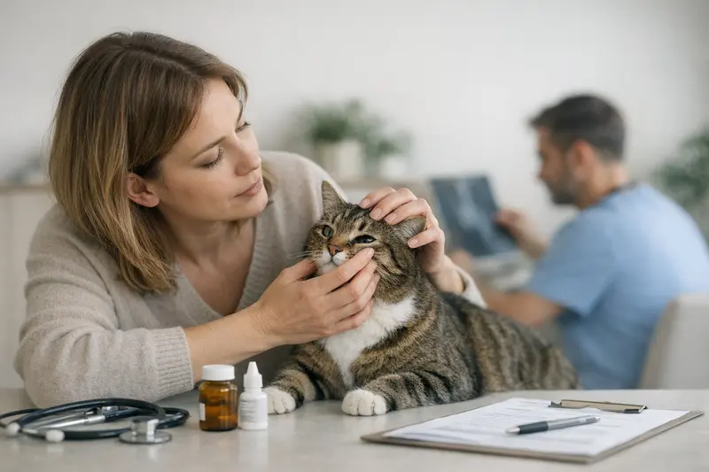 Krankenversicherung für Katzen vs. OP-Versicherung Eine Katze beim Tierarzt, die aufgrund unklarer Symptome untersucht wird.