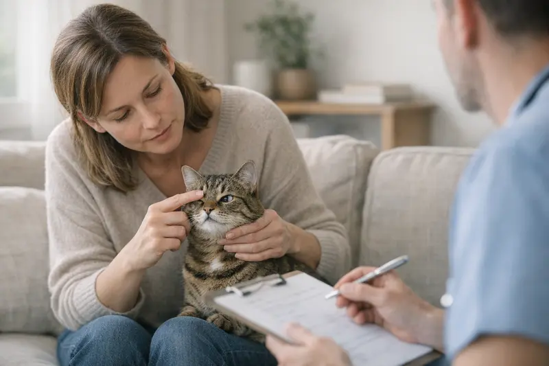 Tierarztbesuch und Vorerkrankungen bei Haustieren Tierarzt-Consultation mit Katze, die auf Vorerkrankungen überprüft wird
