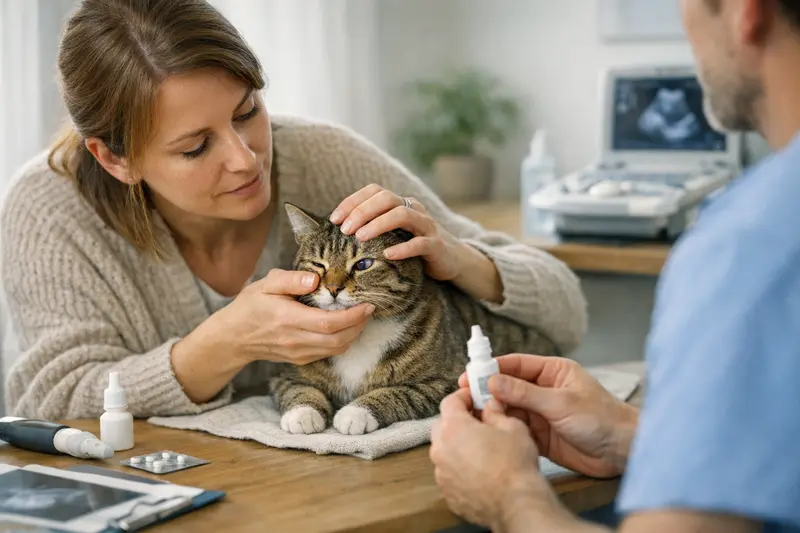 Tierarztbesuch Katze Augenprobleme Eine Katze in der Tierarztpraxis wird auf mögliche Augenprobleme untersucht.