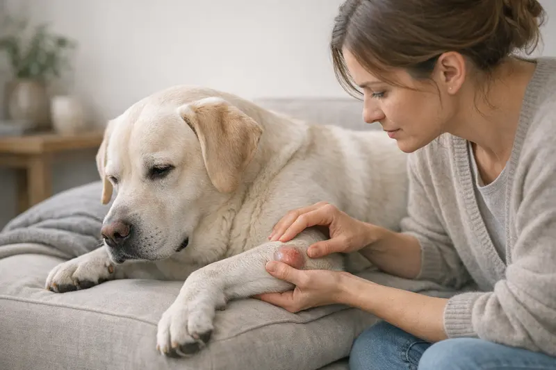 Druckstellen beim Hund erkennen Ein Hund mit Druckstellen auf der Haut, der aufmerksam beobachtet wird.