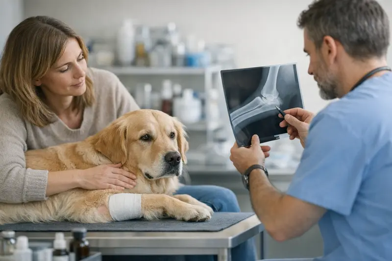 Druckstellen beim Hund – wichtige Versicherungsleistungen Ein Hund mit Druckstellen in der Tierarztpraxis, wo Diagnose und Behandlung besprochen werden.