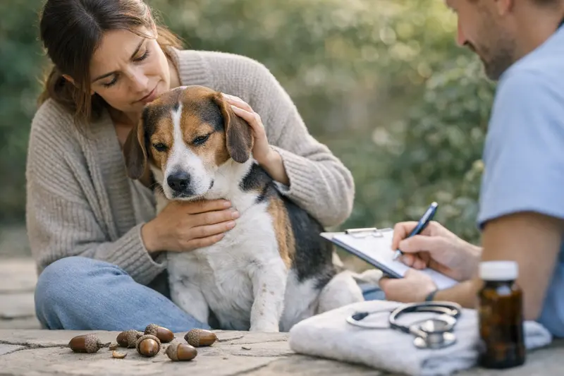 Hunde und Eicheln - Sicherheit und Gesundheit Ein Hund untersucht eine Eichel im Freien, während sein Besitzer beobachtet.
