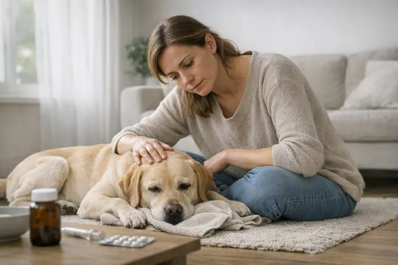 Tierarztbesuch zur Gesundheitsüberprüfung Hund, der besorgt aussieht und von einem Tierarzt untersucht wird, um gesundheitliche Risiken zu vermeiden.