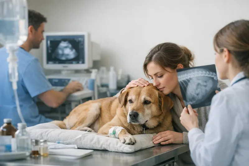 Tierarztleistungen bei Hundevergiftungen Hund bei der tierärztlichen Untersuchung mit Labor- und Bildgebungsgeräten.