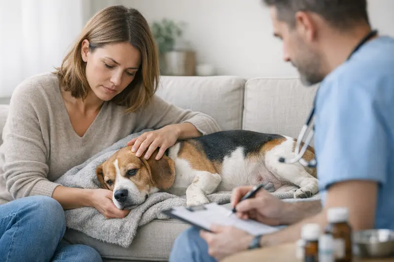 Hundesymptome: Vergiftung oder Darmverschluss erkennen Hundehalter prüft Symptome bei seinem Hund zur Unterscheidung von Vergiftung und Darmverschluss.