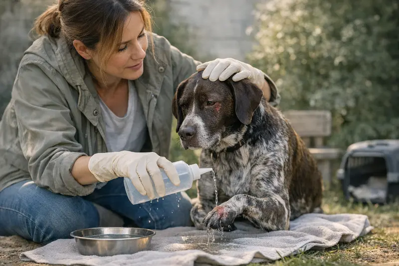 Ein besorgter Hundebesitzer führt seinen Hund vorsichtig von einem potenziell gefährlichen Gebiet weg.