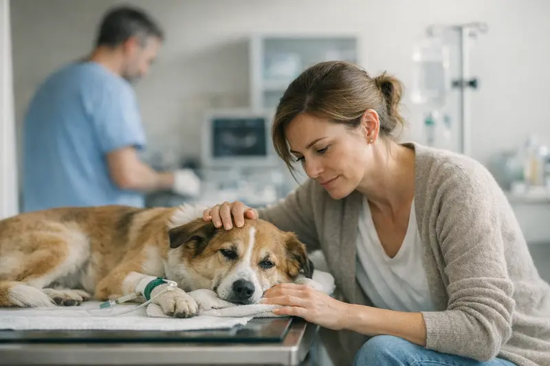 Ein Hund erhält eine Untersuchung beim Tierarzt wegen akuten gesundheitlichen Problemen.