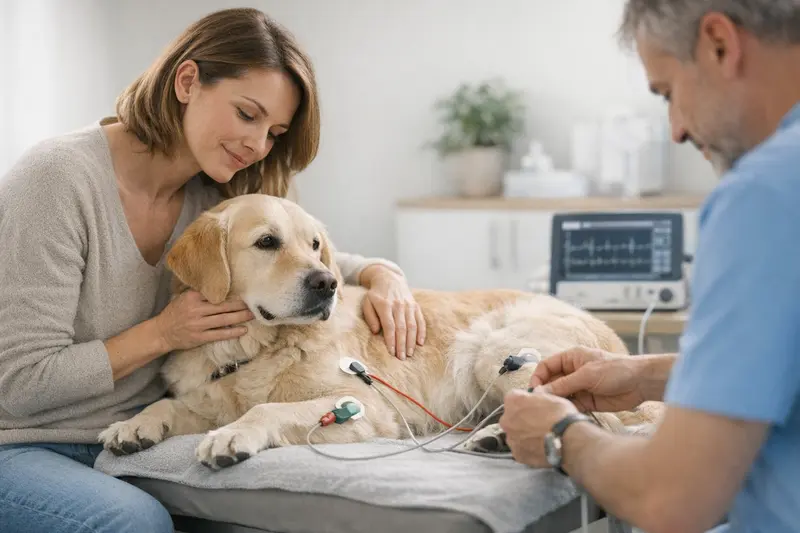 EKG beim Hund ohne Sedierung Ein entspannter Hund beim EKG ohne Sedierung in einer ruhigen Umgebung.