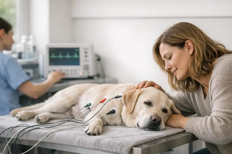 EKG für Hunde beim Tierarzt Hundefreund mit seinem Tierarzt beim EKG-Test für seinen Hund.