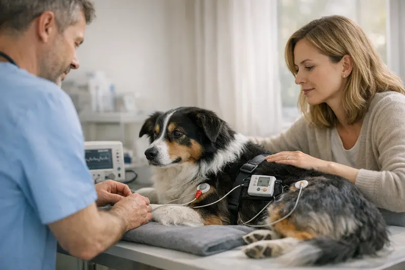 Kurzzeit-EKG beim Hund Ein Hund bei einer Herzuntersuchung mit einem Kurzzeit-EKG in der Tierarztpraxis.