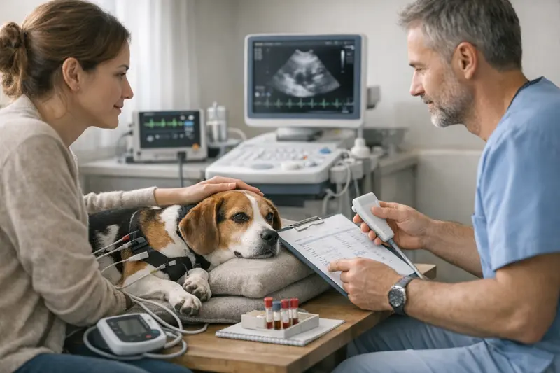 EKG-Untersuchung bei Hunden Ein Hund beim Tierarzt, der sich einer EKG-Untersuchung unterzieht.