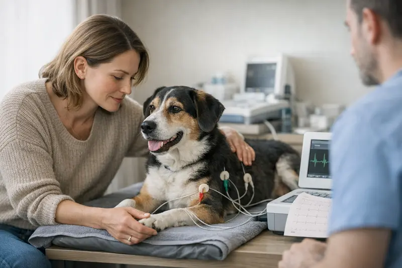 Herzdiagnostik bei Hunden Hund mit einem Tierarzt in der Praxis, der Herzdiagnostik bespricht.