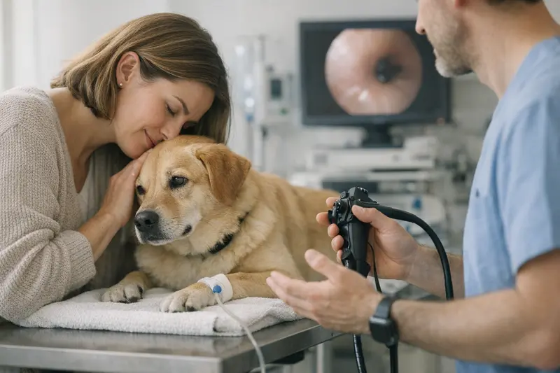 Endoskopie beim Hund Ein Hund während einer Endoskopie, die unter Narkose durchgeführt wird.