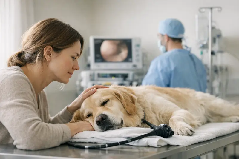 Endoskopie beim Hund - Diagnostik und Eingriffe Ein Tierarzt führt eine Endoskopie bei einem Hund durch, um gesundheitliche Probleme zu diagnostizieren.