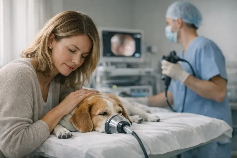 Ein Hund wird während einer Endoskopie untersucht, um gesundheitliche Probleme zu diagnostizieren.