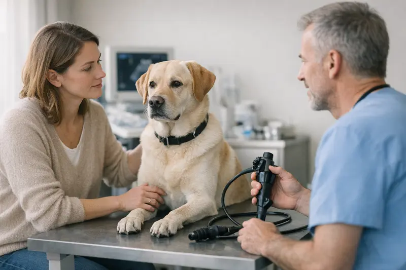 Tierarztuntersuchung für Endoskopie bei Hunden Ein Hund wird von einem Tierarzt untersucht, um die Notwendigkeit einer Endoskopie zu klären.