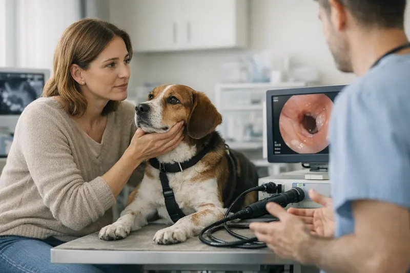 Endoskopie beim Hund durch einen Tierarzt Ein Hund wird von einem Tierarzt bei einer Endoskopie behandelt, um eine gesundheitliche Diagnose zu stellen.