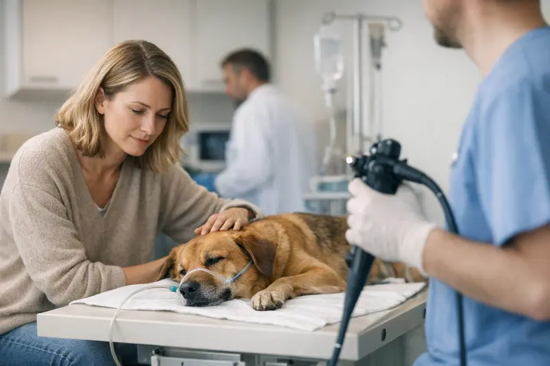 Endoskopie beim Hund – Gesundheitsvorsorge Ein Hundebesitzer, der besorgt auf seinen Hund schaut, während ein Tierarzt eine Endoskopie vorbereitet.