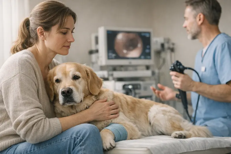 Ein Hund erhält eine tierärztliche Untersuchung zur Diagnose von Magen-Darm-Problemen, passend zu aktuellen Versicherungsthemen.