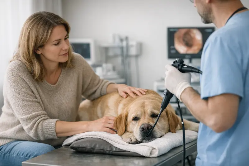 Tierarztuntersuchung Hund Krankenversicherung Ein Hund wird vom Tierarzt untersucht, was die Bedeutung einer Krankenversicherung zeigt.