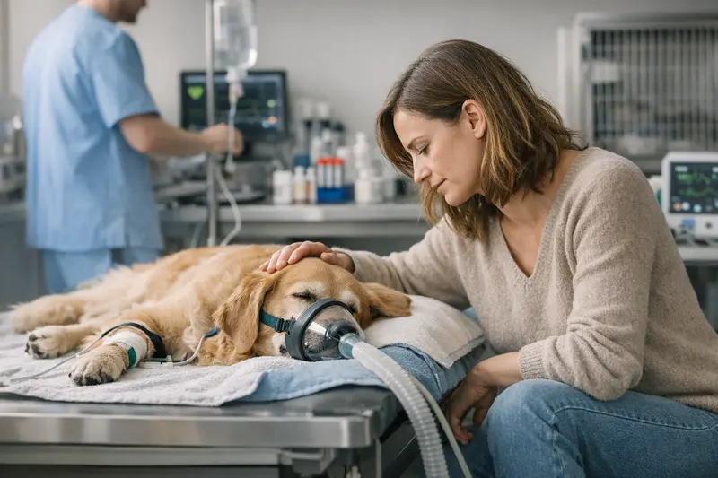 Zusätzliche Tierarztkosten für Hunde Tierarzt untersucht Hund und erklärt mögliche zusätzliche Kosten wie Narkose und Laboranalysen.