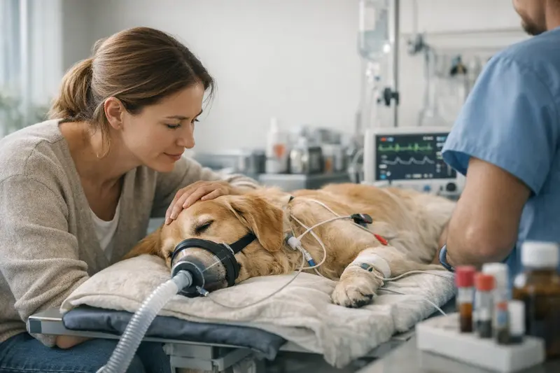 Tierarztsituation Hund Ein Hund beim Tierarzt, der auf die Untersuchung vorbereitet wird.