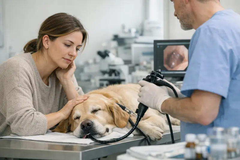 Wichtige Aspekte vor dem Abschluss einer Hundekrankenversicherung Ein Tierarzt erklärt einem Hundebesitzer die Wichtigkeit von Versicherungsdetails vor dem Abschluss einer Hundekrankenversicherung.