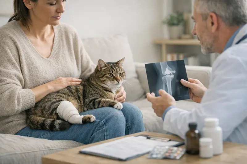 Orthopädische Probleme bei Katzen Eine Katze mit orthopädischen Problemen wird von einem Tierarzt behandelt.