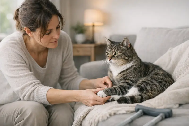Eine Katze mit Anzeichen von Enthesiophyten sitzt entspannt auf einem Kissen.