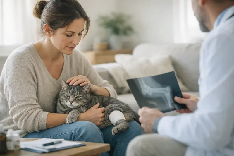 Diagnose von Vorerkrankungen bei Katzen Katzendoktor untersucht die Beweglichkeit einer Katze zur Diagnostik von Vorerkrankungen.