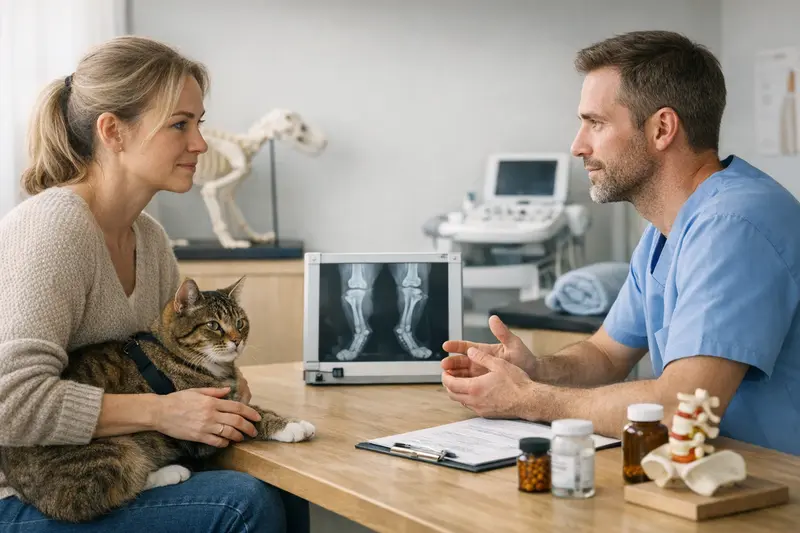 Tierarztbesuch bei chronischen Katzenbeschwerden Eine Katze beim Tierarzt wird wegen chronischer Beschwerden untersucht.